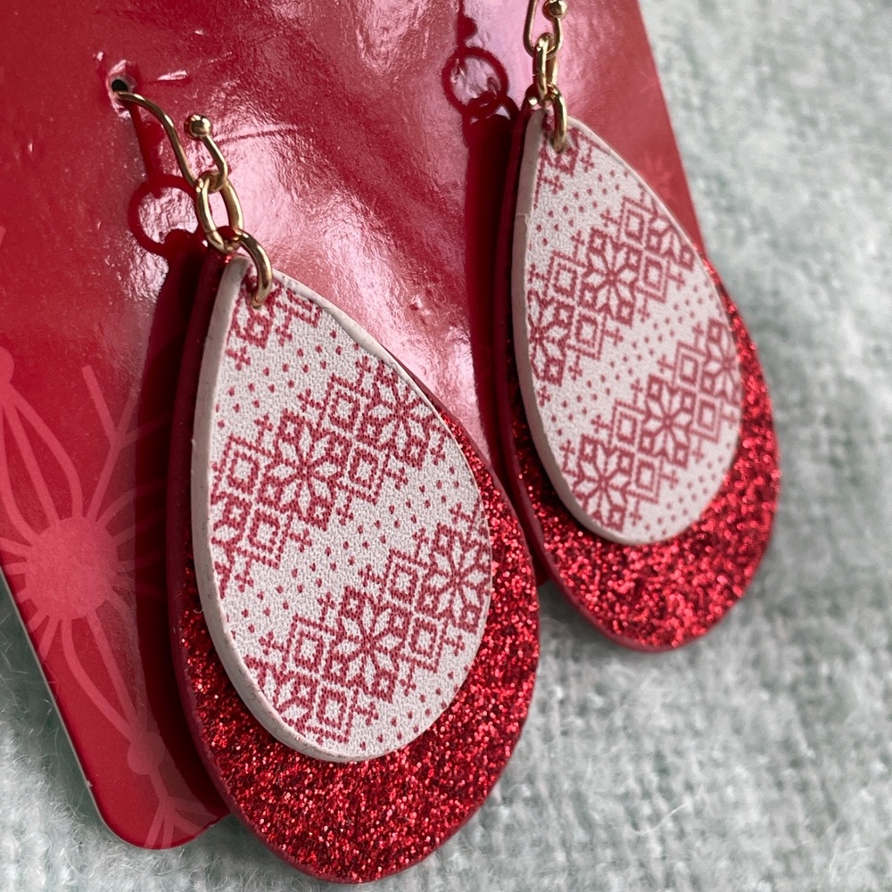 Holiday Time Fair Isle Red White Double Tier Glitter Teardrop Dangle Earrings - Picture 7 of 9